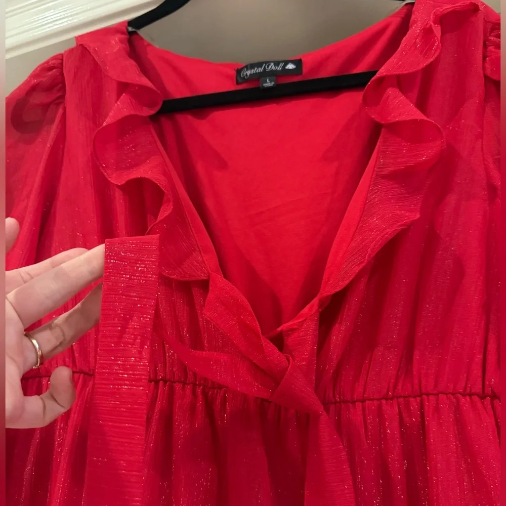 Crystal Doll Red Shimmer Ruffled tiered Women's Dress Size L - Picture 5 of 8